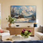 Berghut in de sneeuw, Natuur & Landschap schilderij aan de muur in interieur