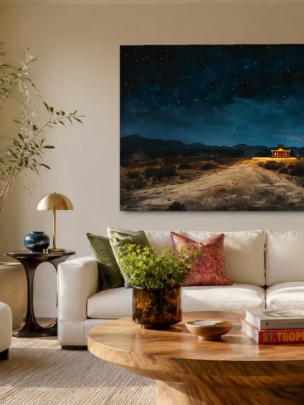Lichtje in de Woestijnnacht, Natuur & Landschap schilderij aan de muur in interieur