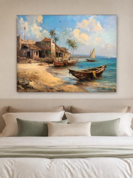Vissersdorp aan Tropische Kust, Natuur & Landschap schilderij aan de muur in interieur