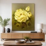 Gele Roos in Bloei, Bloemen & Stilleven schilderij aan de muur in interieur