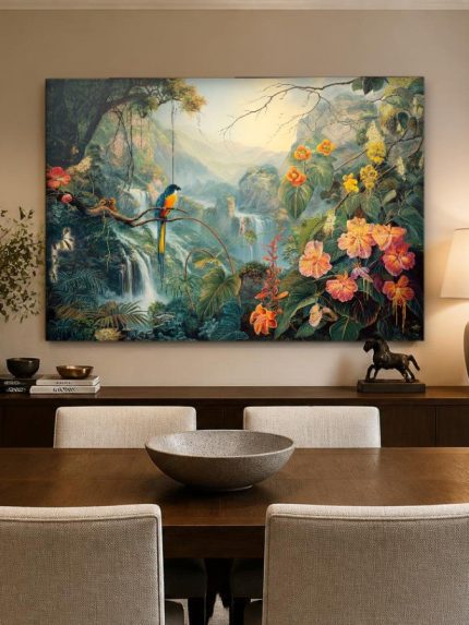 Tropische vogel bij watervallen, Dieren schilderij aan de muur in interieur