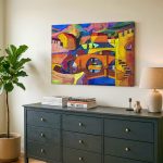 Kleurrijke Brug over de Rivier, Steden & Skylines schilderij aan de muur in interieur
