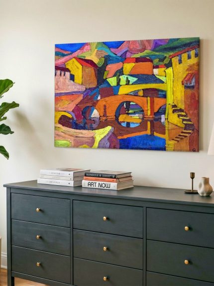 Kleurrijke Brug over de Rivier, Steden & Skylines schilderij aan de muur in interieur