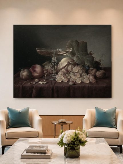 Stilleven met Roemer en Druiven, Bloemen & Stilleven schilderij aan de muur in interieur