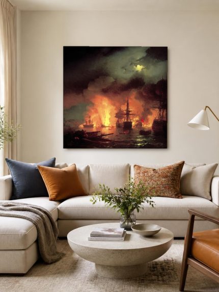 Zeeslag bij Nacht (naar Aivazovsky), Natuur & Landschap schilderij aan de muur in interieur