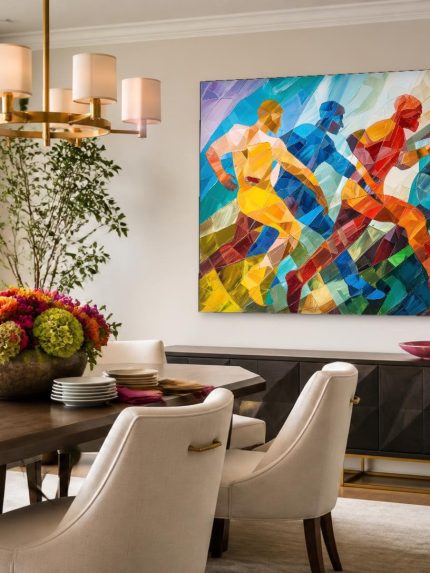 Hardlopers in Kubistische Kleuren, Mensen & Portretten schilderij aan de muur in interieur