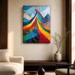 Zonnestralen over kleurrijke bergen, Abstract & Modern schilderij aan de muur in interieur