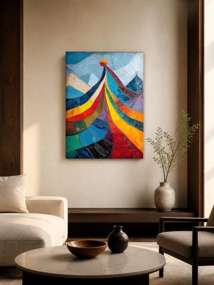 Zonnestralen over kleurrijke bergen, Abstract & Modern schilderij aan de muur in interieur