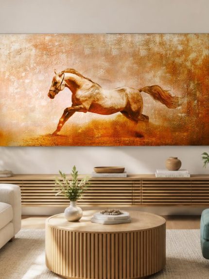 Galopperend paard in goudlicht, Dieren schilderij aan de muur in interieur