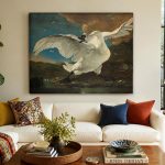 De Bedreigde Zwaan (naar Jan Asselijn), Dieren schilderij aan de muur in interieur