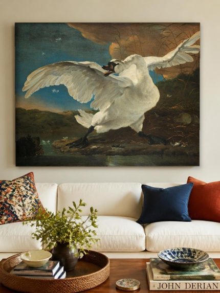 De Bedreigde Zwaan (naar Jan Asselijn), Dieren schilderij aan de muur in interieur