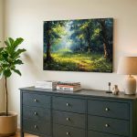 Zonlicht door het Bladerdak, Natuur & Landschap schilderij aan de muur in interieur
