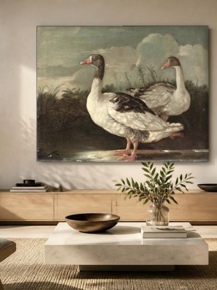 Ganzen aan de waterkant, Dieren schilderij aan de muur in interieur