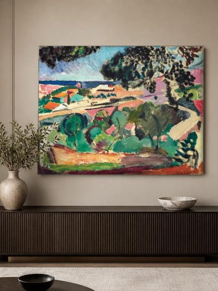 Mediterraans Landschap (naar Matisse), Natuur & Landschap schilderij aan de muur in interieur
