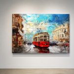 Rode tram door de oude stad, Steden & Skylines schilderij aan de muur in interieur