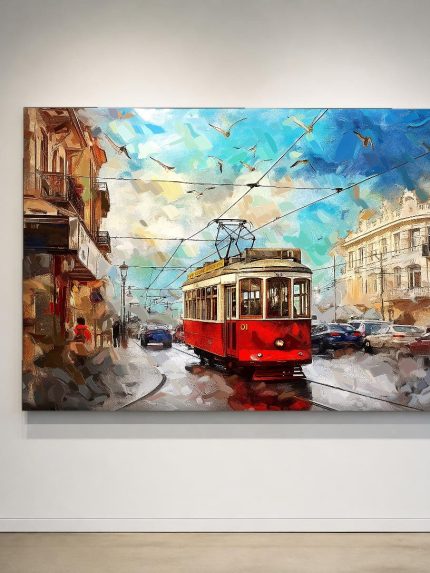 Rode tram door de oude stad, Steden & Skylines schilderij aan de muur in interieur