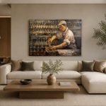 Barman achter de bar, Mensen & Portretten schilderij aan de muur in interieur