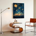 Gouden Sterrennacht, Natuur & Landschap schilderij aan de muur in interieur
