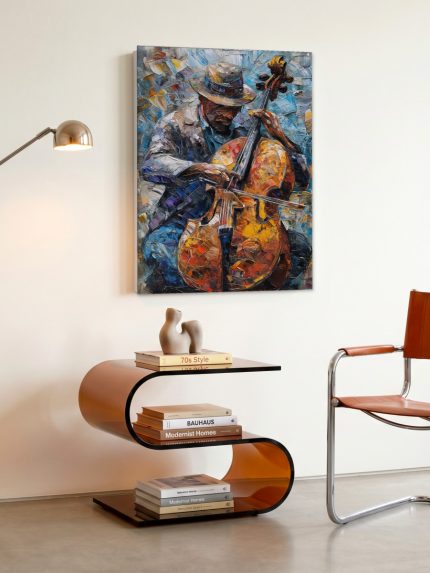 Cellist met hoed, Mensen & Portretten schilderij aan de muur in interieur