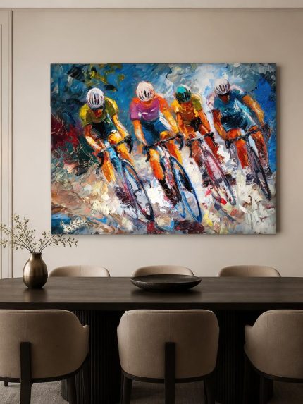 Wielrenners in Volle Vaart, Mensen & Portretten schilderij aan de muur in interieur