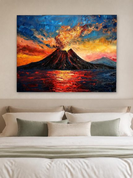 Uitbarstende vulkaan bij zonsondergang, Natuur & Landschap schilderij aan de muur in interieur