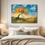 Wuivende herfstboom op de heuvel, Natuur & Landschap schilderij aan de muur in interieur