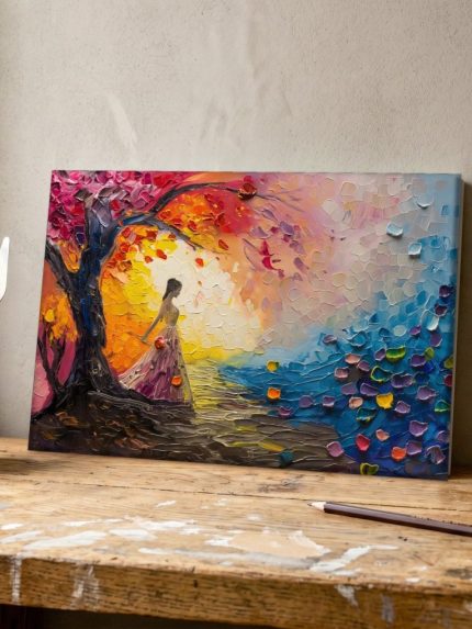 Wandeling onder de Kleurenboom, Natuur & Landschap schilderij aan de muur in interieur