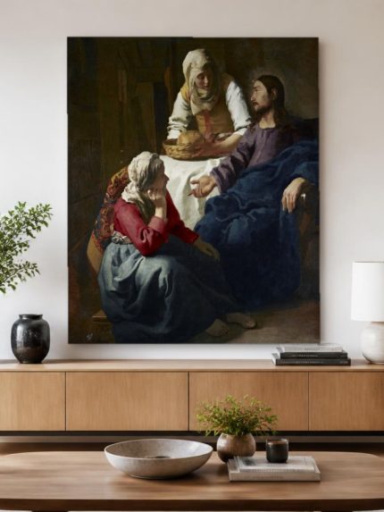 Christus bij Martha en Maria (naar Vermeer), Mensen & Portretten schilderij aan de muur in interieur