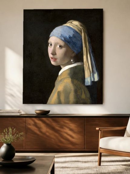 Meisje met de Parel (naar Vermeer), Mensen & Portretten schilderij aan de muur in interieur