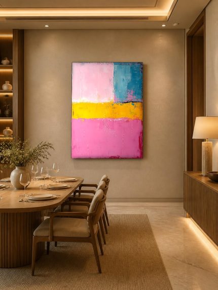 Kleurvlakken in Roze en Oker, Abstract & Modern schilderij aan de muur in interieur