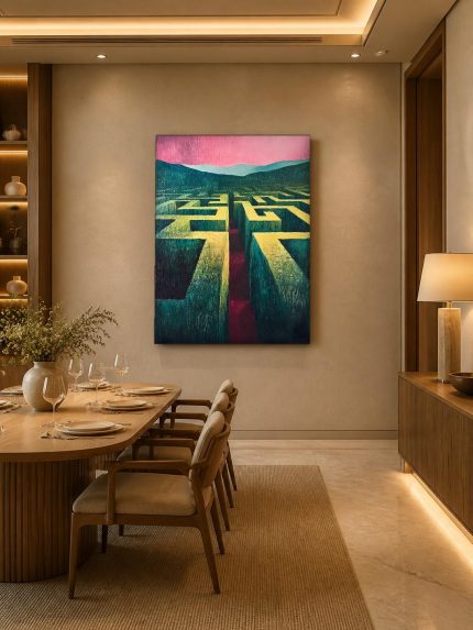 Doolhof onder Roze Hemel, Abstract & Modern schilderij aan de muur in interieur