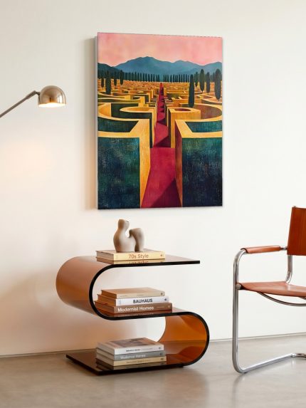 Doolhof met Cipressen, Natuur & Landschap schilderij aan de muur in interieur