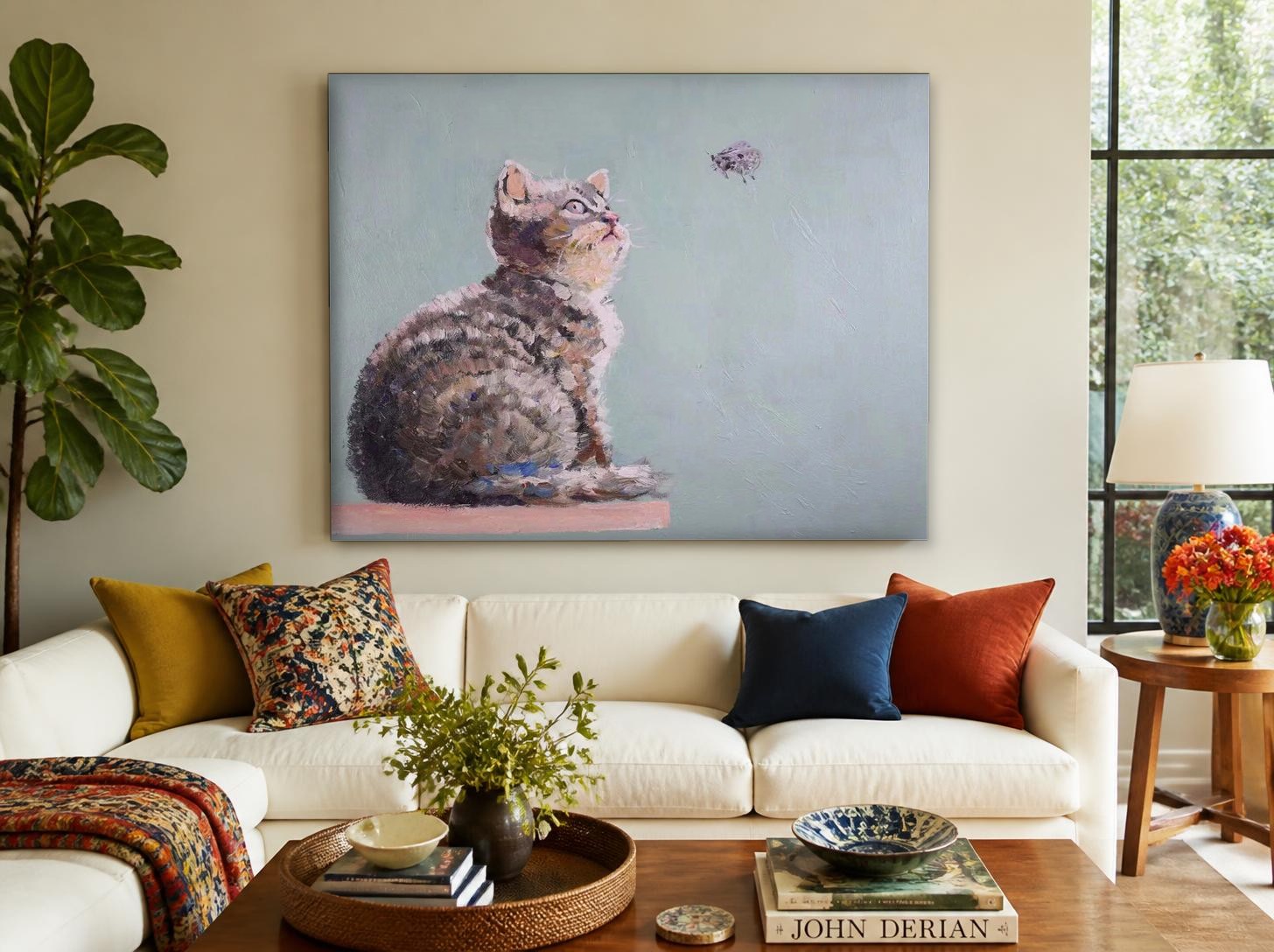 Nieuwsgierige Kat bij het Insect, Dieren schilderij aan de muur in interieur