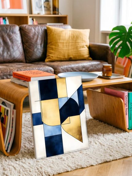 Blauw-Gouden Vlakverdeling, Abstract & Modern schilderij aan de muur in interieur