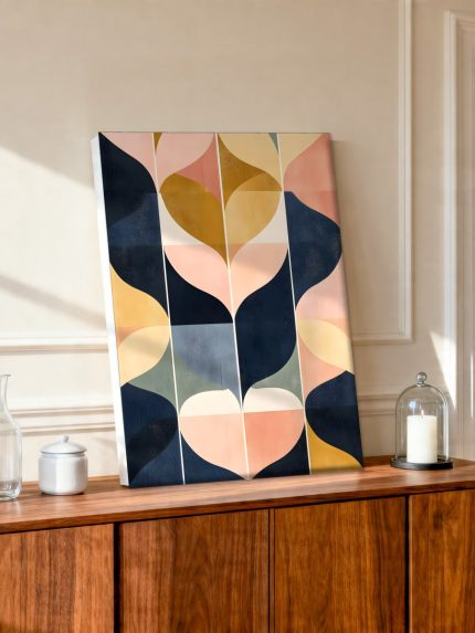 Golvend Spel in Marine en Perzik, Abstract & Modern schilderij aan de muur in interieur