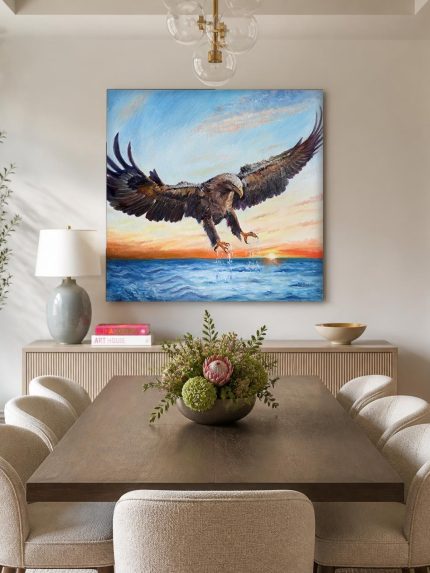 Zeearend boven het water, Dieren schilderij aan de muur in interieur
