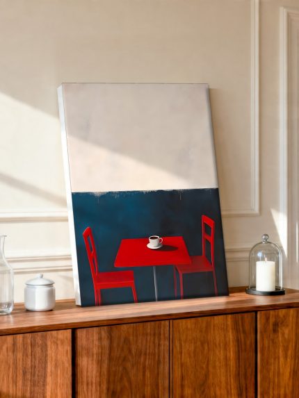 Koffiepauze in Rood, Bloemen & Stilleven schilderij aan de muur in interieur