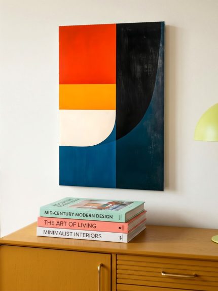 Kleurvlakken in Rood en Blauw, Abstract & Modern schilderij aan de muur in interieur