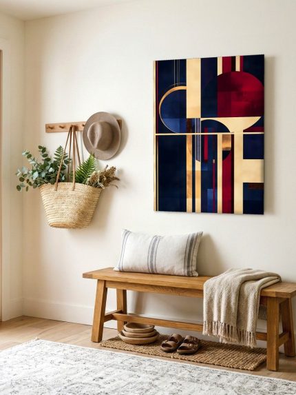 Cirkels in Bourgondisch en Goud, Abstract & Modern schilderij aan de muur in interieur