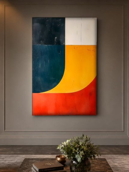 Vloeiende Vlakken in Oker en Rood, Abstract & Modern schilderij aan de muur in interieur
