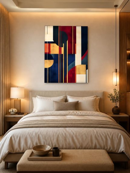 Art Deco Spel in Rood en Goud, Abstract & Modern schilderij aan de muur in interieur