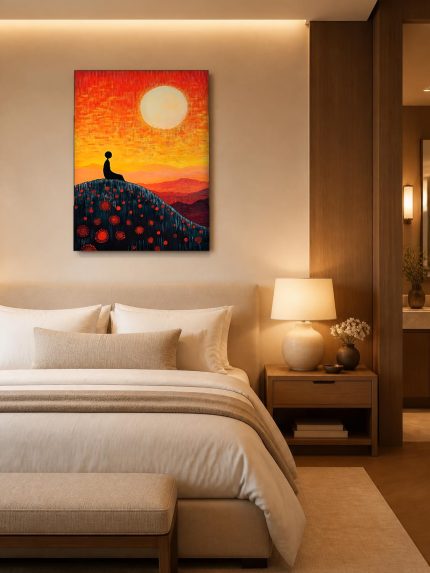 Meditatie op de Rode Heuvel, Natuur & Landschap schilderij aan de muur in interieur