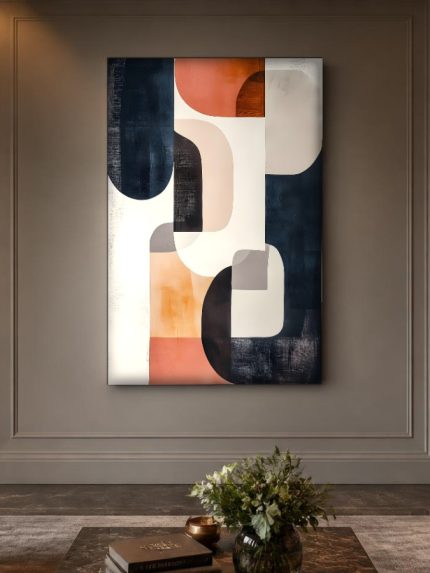 Geometrisch Spel in Terracotta, Abstract & Modern schilderij aan de muur in interieur