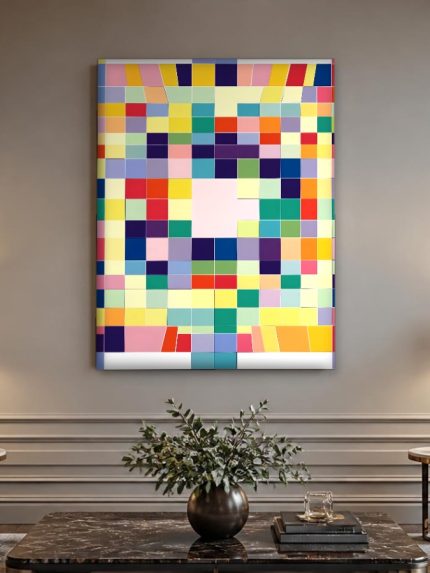 Speels Kleurenmozaïek, Abstract & Modern schilderij aan de muur in interieur