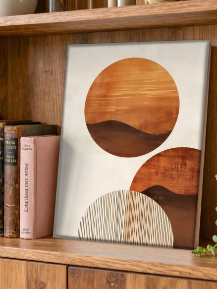 Woestijncirkels in Oker, Abstract & Modern schilderij aan de muur in interieur