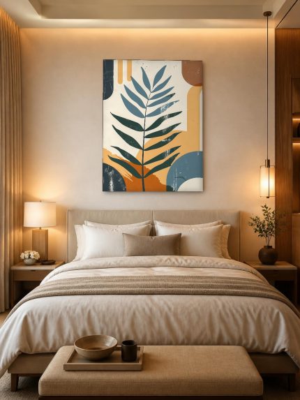Palmblad in Geometrisch Spel, Natuur & Landschap schilderij aan de muur in interieur