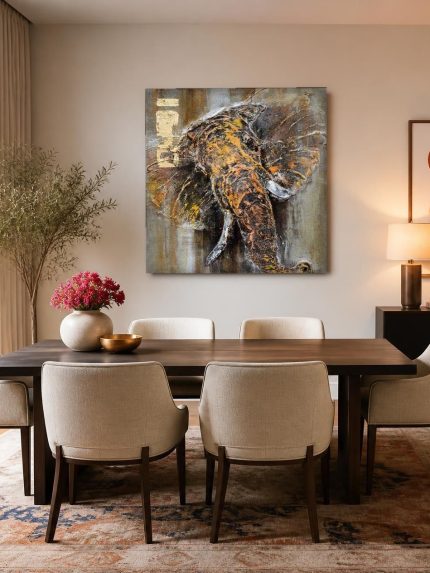 Olifant met Gouden Textuur, Dieren schilderij aan de muur in interieur