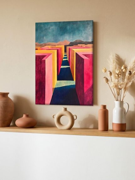 Doolhof in Roze en Goud, Abstract & Modern schilderij aan de muur in interieur