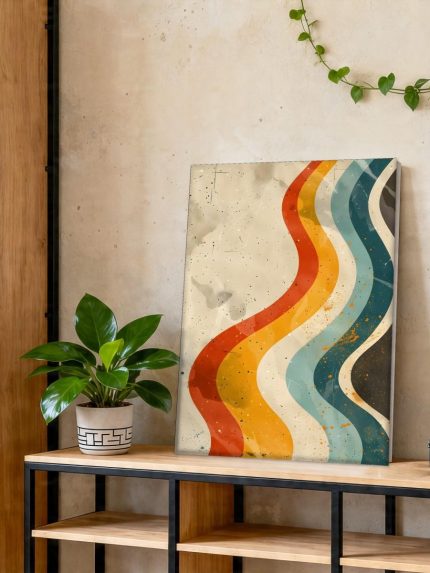 Golvende Banen in Retrokleur, Abstract & Modern schilderij aan de muur in interieur