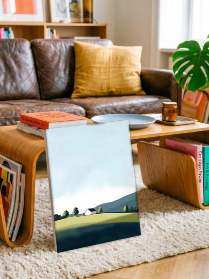 Stille Boerderij in Glooiend Land, Natuur & Landschap schilderij aan de muur in interieur